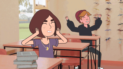 a cartoon of a girl covering her ears in a classroom with a boy standing behind her