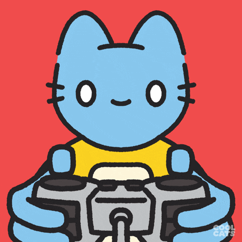a cartoon of a blue cat holding a video game controller with the words cool cats on the bottom