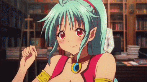 a girl with blue hair and red eyes is sitting in a library