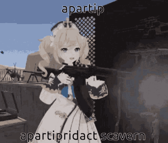 a girl in a dress is holding a gun with the words " apartip " and " apartipridact scavern " above her