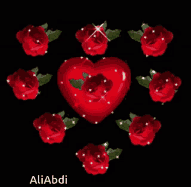 a heart surrounded by red roses with the name aliabdi on the bottom right