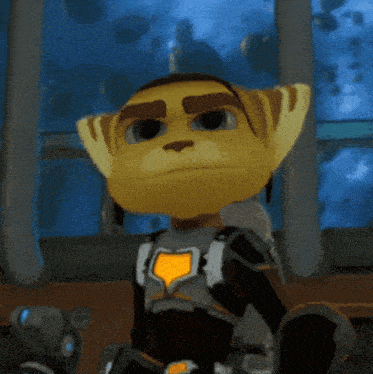 ratchet from the video game ratchet and clank is looking at something