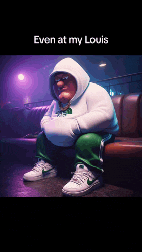 a cartoon character is sitting on a couch with the words even at my louis on the bottom
