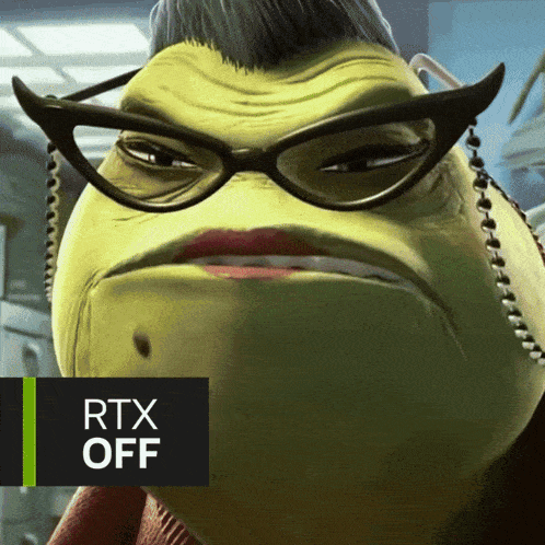 a close up of a cartoon character with rtx off written on the bottom