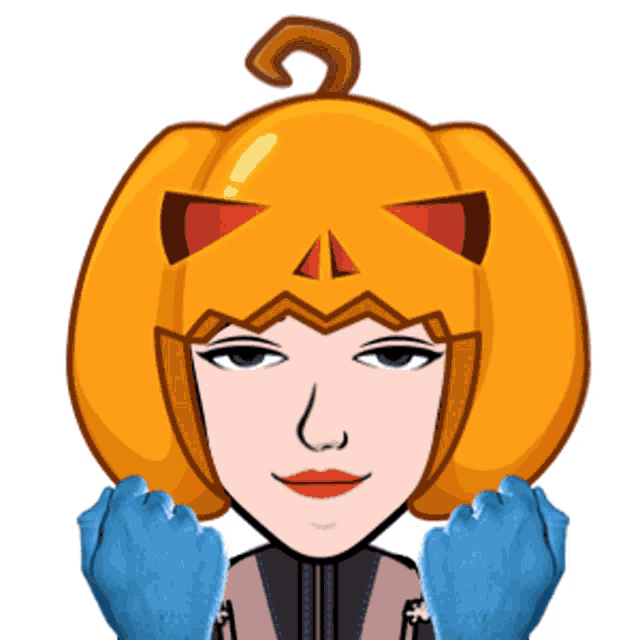 a cartoon woman with a pumpkin on her head
