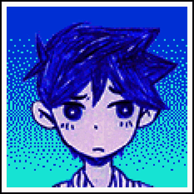 a pixel art of a boy with blue hair and blue eyes