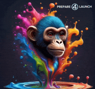 a colorful painting of a chimpanzee with the words " prepare 4 launch " below it