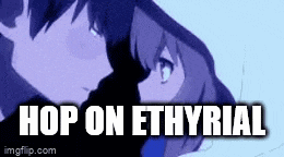 a boy and a girl are looking at each other with the words `` hop on ethyrial '' written on the bottom .