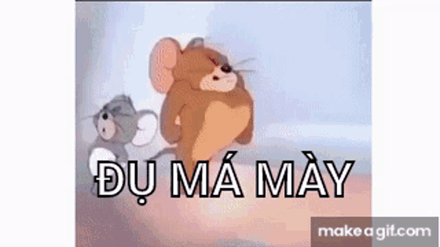 a cartoon of tom and jerry standing next to each other with a caption in vietnamese .