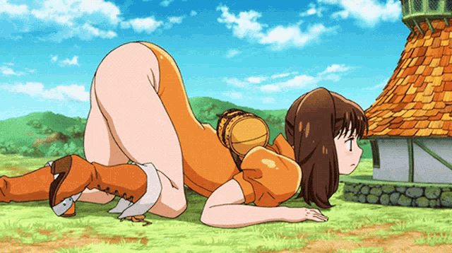 a cartoon of a girl laying on her stomach in front of a building