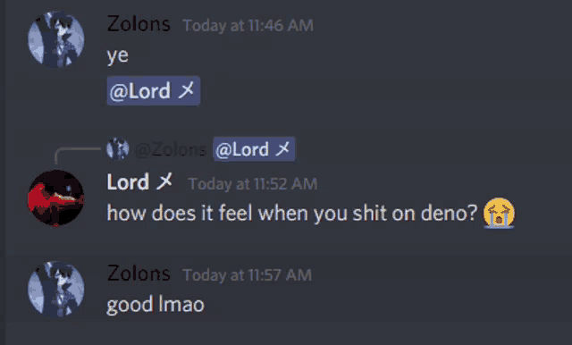 a screen shot of a discord conversation between zolons and lord