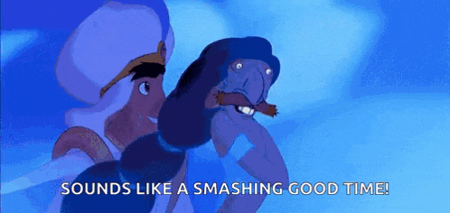 a cartoon of aladdin and jasmine from the movie aladdin with the words `` sounds like a smashing good time '' .