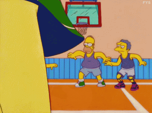 a cartoon of homer simpson playing basketball with two other people