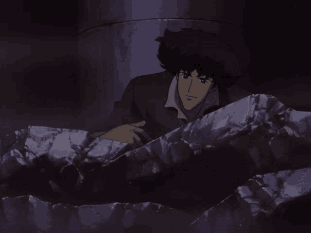 a cowboy bebop character giving a thumbs up in a dark room