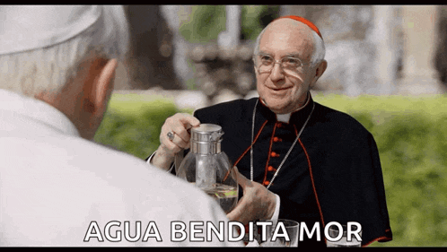 a man is holding a pitcher of water with the words agua bendita mor written on the bottom