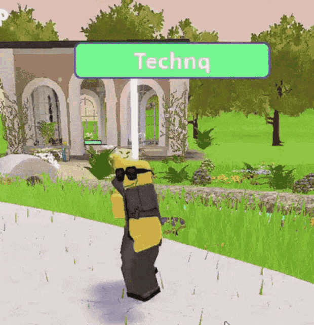 a person in a video game with a sign that says technq on it