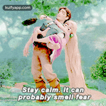 a man is carrying a woman in his arms with the words stay calm it can probably smell fear on the bottom