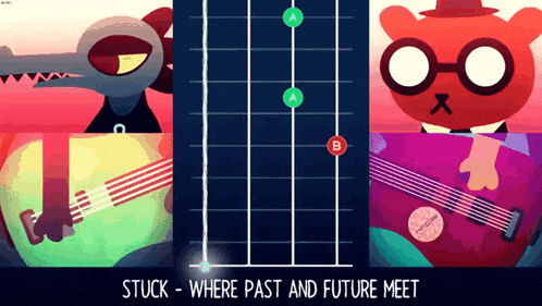 a video game called stuck where past and future meet shows a bear playing a guitar