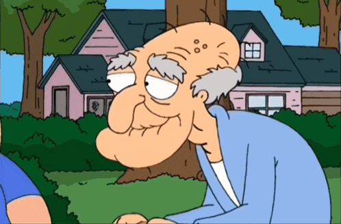 a cartoon of an elderly man with a gray mustache is standing in front of a house