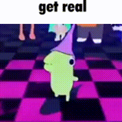 a cartoon character is dancing on a checkered floor with the words `` get real '' written above it .