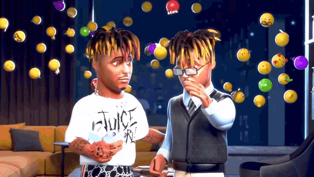 a man wearing a t-shirt that says juice is standing next to another man