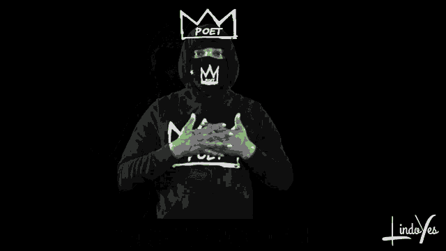 a man wearing a mask and a hoodie with the word poet on it