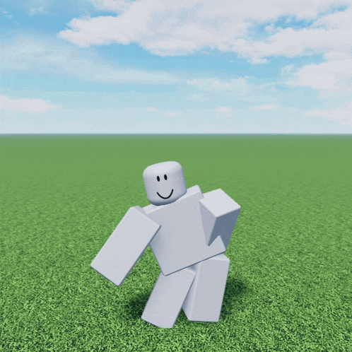 a white roblox character with a smile on his face is standing in the grass