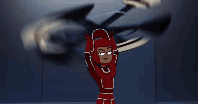 a cartoon character in a red suit is holding a cannon over her head