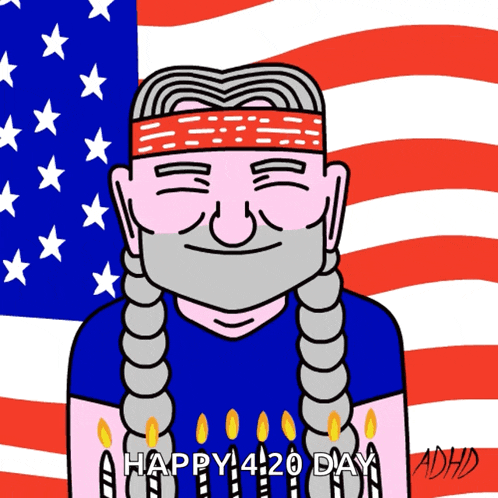 a cartoon of a man with a bandana on his head and a birthday cake with the words happy 420 day written on it