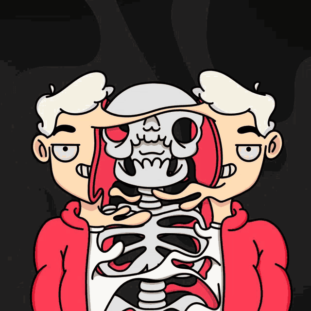 a cartoon drawing of a man holding a skeleton with his eyes closed