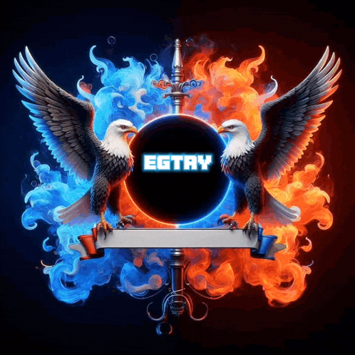 two bald eagles standing in front of a circle that says egtay