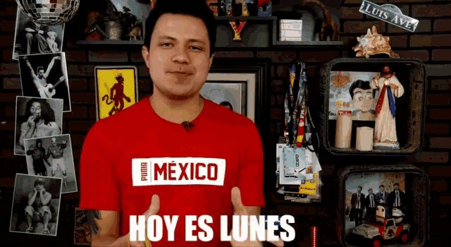 a man wearing a red shirt with mexico on it