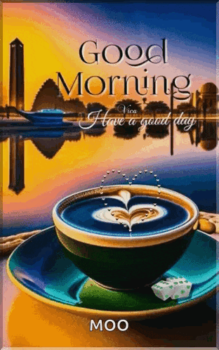 a cup of coffee on a saucer with the words good morning i have a good day written on it