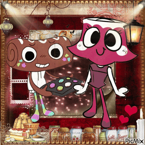 a picture of a couple of cartoon characters with a picture of a salt pepper jar in the background