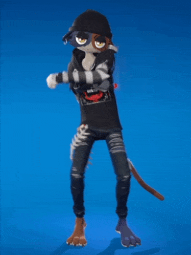 a cartoon character wearing a black shirt with a devil face on it is dancing on a blue background