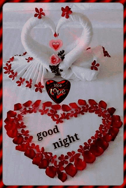 a good night card with two swans made of towels