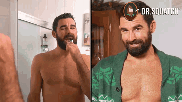 a shirtless man brushing his teeth and a shirtless man wearing a green sweater with dr. squatch written on the top