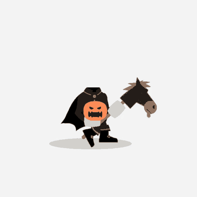 a cartoon character with a pumpkin on his head riding a horse