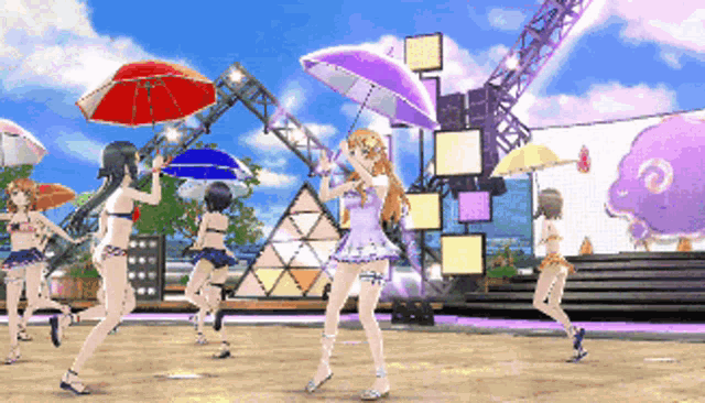 a group of girls in bikinis are dancing with umbrellas