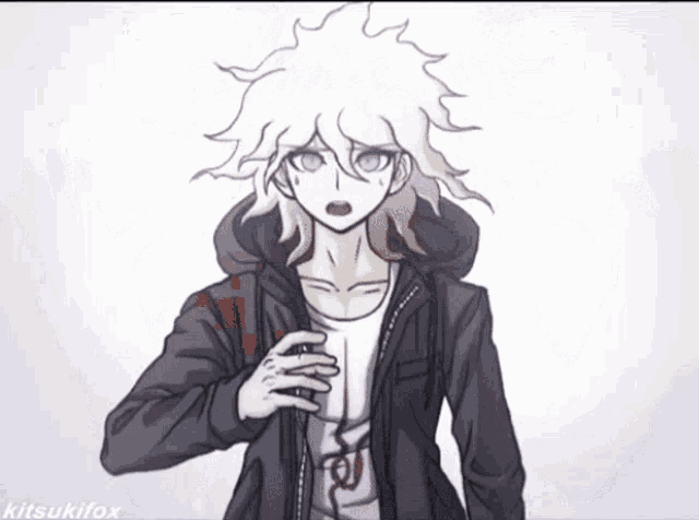 a drawing of a man with white hair and a hoodie with the hashtag kitsukifox