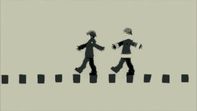 a cartoon drawing of two people walking on a line