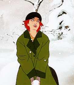 a cartoon woman in a green coat is standing in the snow