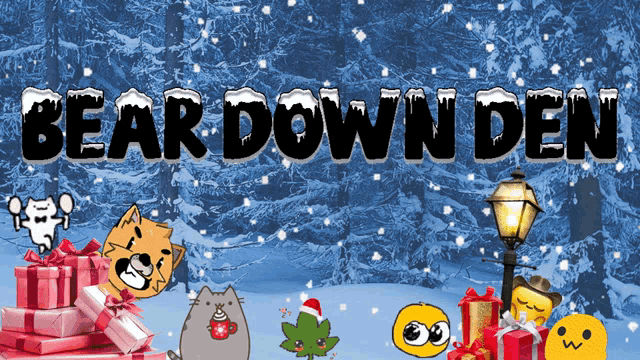 bear down den is written on a blue background with a snowy forest in the background