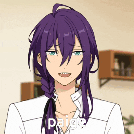 a cartoon character with purple hair and the name paige written on the bottom