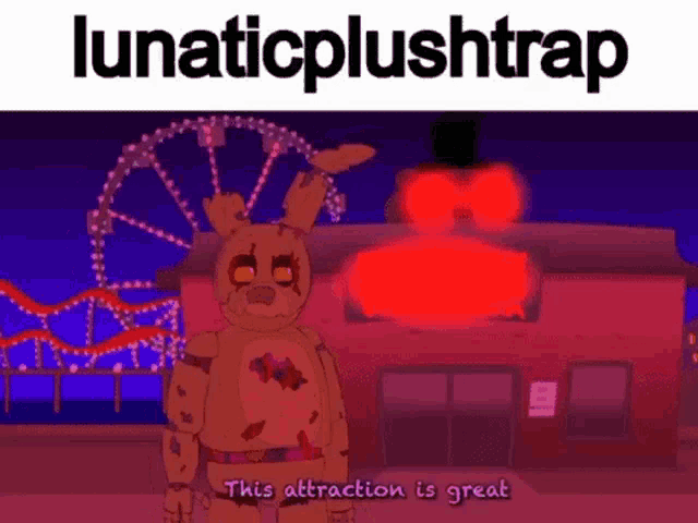 a cartoon of a stuffed animal standing in front of a roller coaster and the words lunaticplushtrap