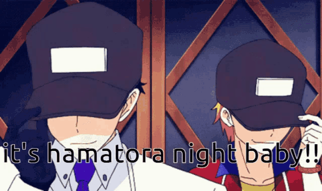 two anime characters are standing next to each other with the words it 's hamatora night baby behind them