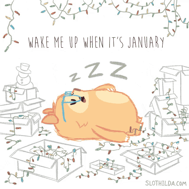 a cartoon of a dog laying in a pile of boxes with the words wake me up when it 's january written above