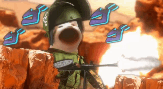 a cartoon character is holding a gun in front of a large explosion with the letter g on it