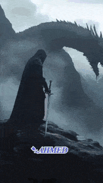 a man holding a sword in front of a dragon with the name ahmed on the bottom right