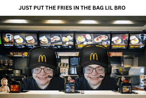a man wearing a mcdonald 's hat is behind a counter in a restaurant